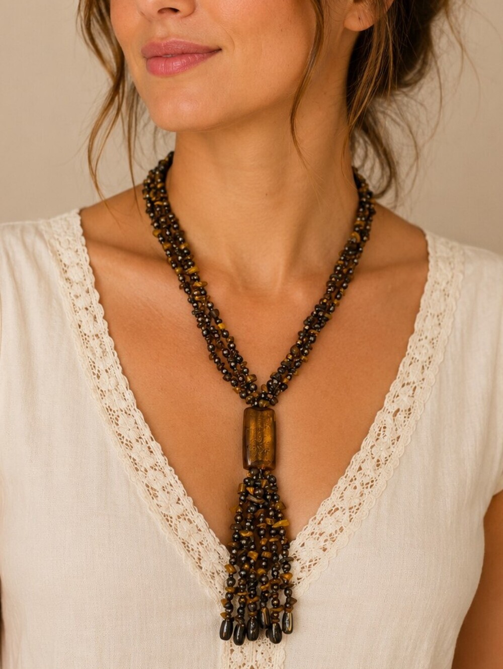 VTG Western Tiger Eye Chip Twisted Torsade Glass Bead Sautoir Necklace